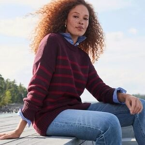 LOFT Burgundy and Red Striped Crewneck Sweater